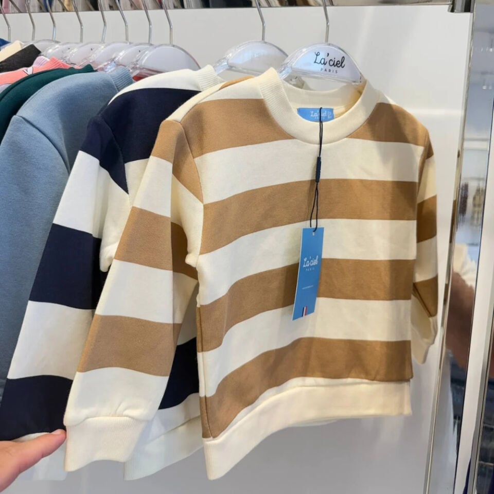 Krem-Kahve Çizgili Sweatshirt
