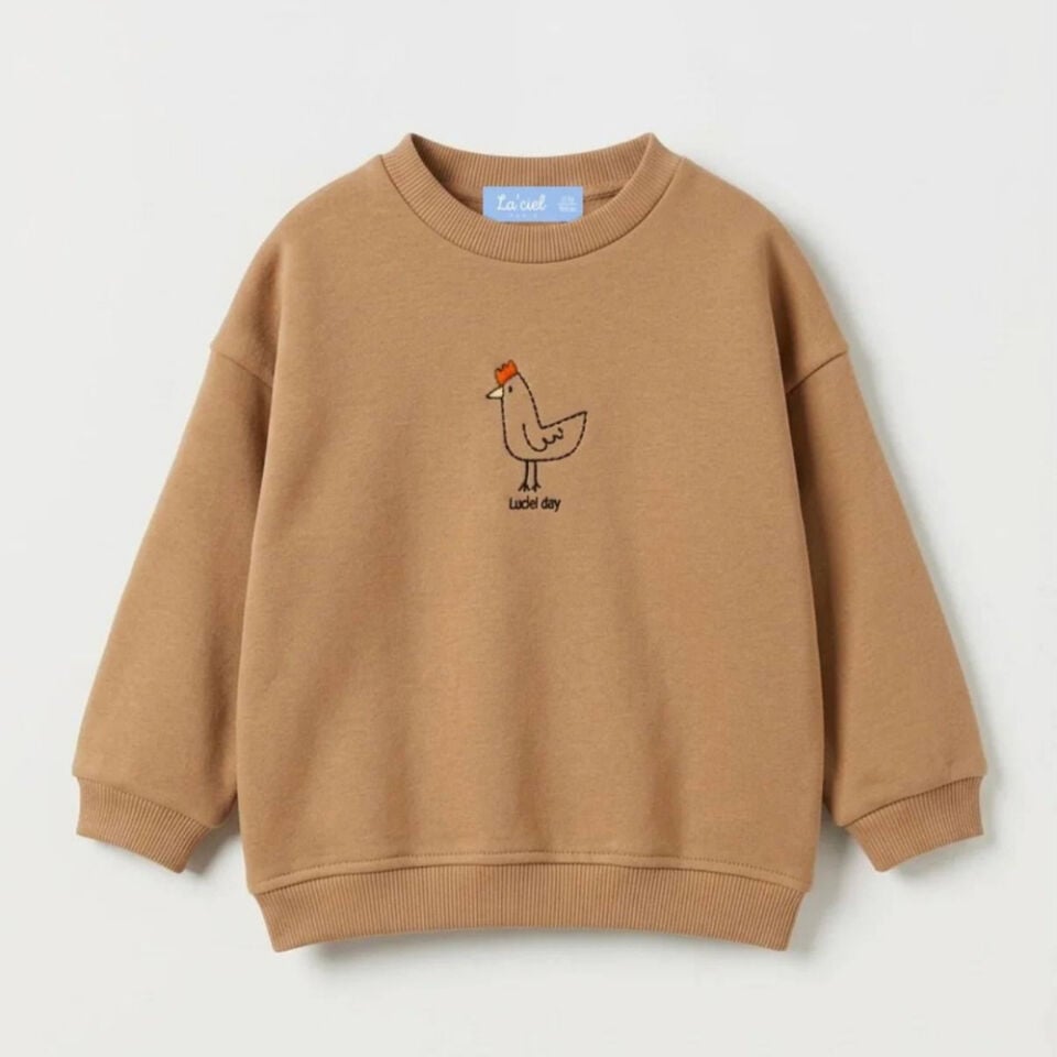 Tavuk Nakışlı Kahverengi Sweatshirt