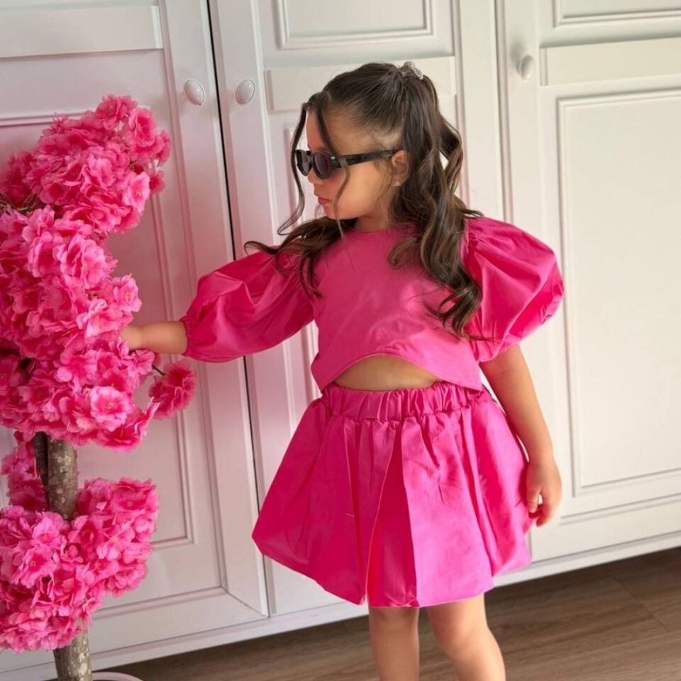Pembe Poplin Balon Etekli Takım