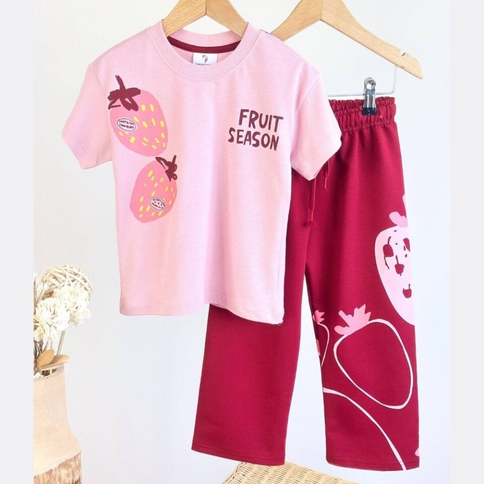 Çilekli Bordo Pembe Eşofman Takım
