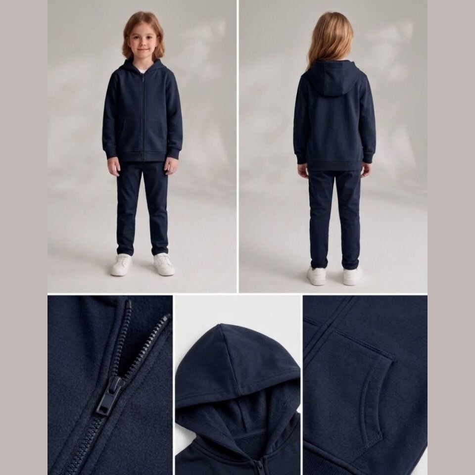 Unisex 3 İplik Şardonsuz Kapşonlu Fermuarlı Sweatshirt (Lacivert)
