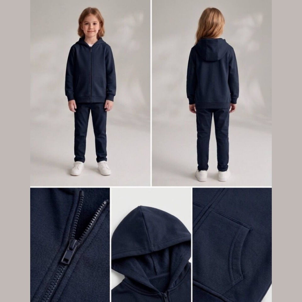 Unisex 3 İplik Şardonsuz Kapşonlu Fermuarlı Sweatshirt (Lacivert)
