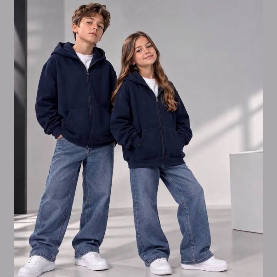 Unisex 3 İplik Şardonsuz Kapşonlu Fermuarlı Sweatshirt (Lacivert)